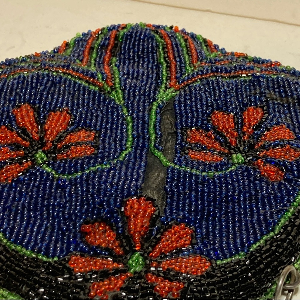 vintage 1920s Art Nouveau microbeaded glass bead purse blue red flower - AS IS - Picture 11 of 13